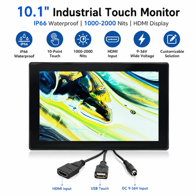 10Moniteur tactile industriel IP66 imperméable à l'eau haute luminosité 1000-2000 Nits Affichage LCD HDMI